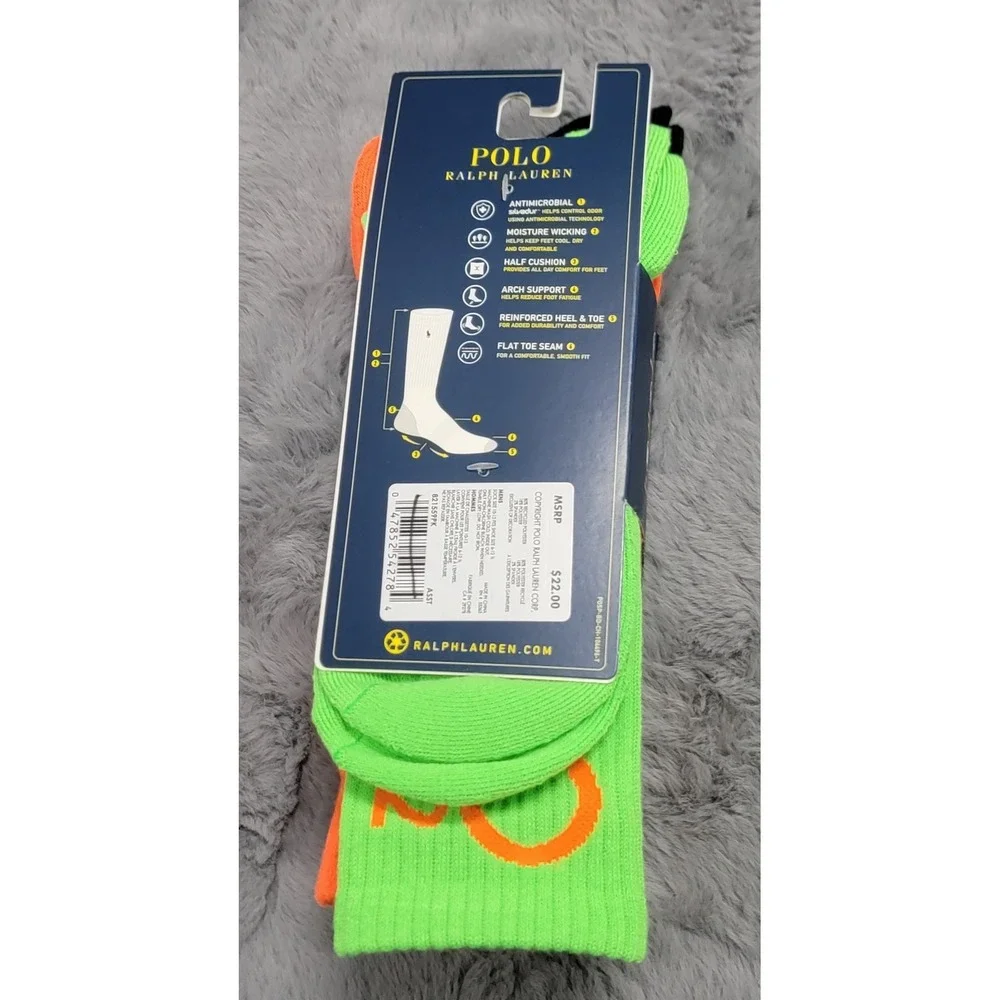 Polo Ralph Lauren Socks Mens 10-13 Multicolor Polo 1992 Performance Crew 3 Pairs